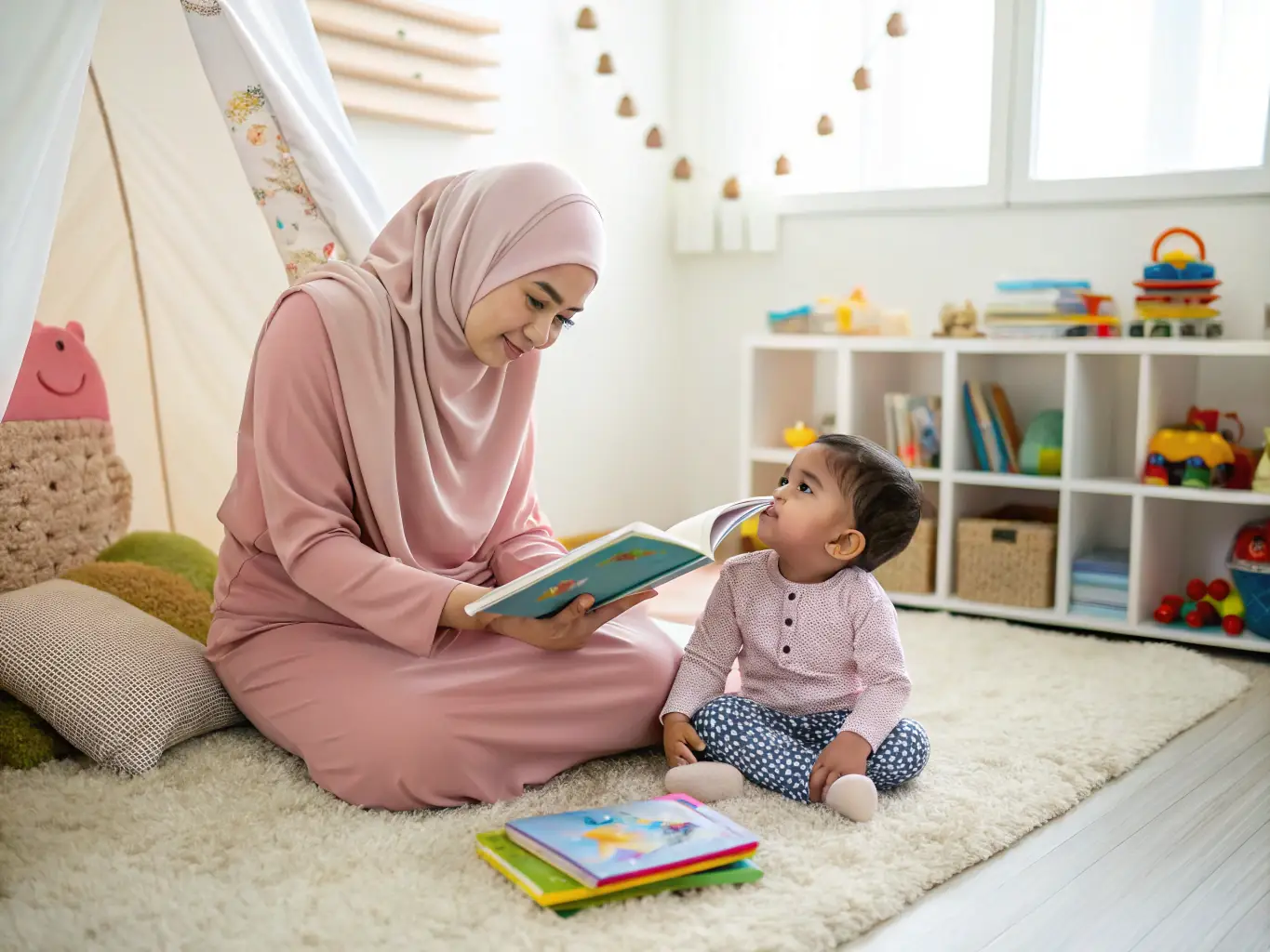 A caregiver reading a story to a child in a warm and inviting environment, showcasing the nurturing aspect of Sanad's child care services.