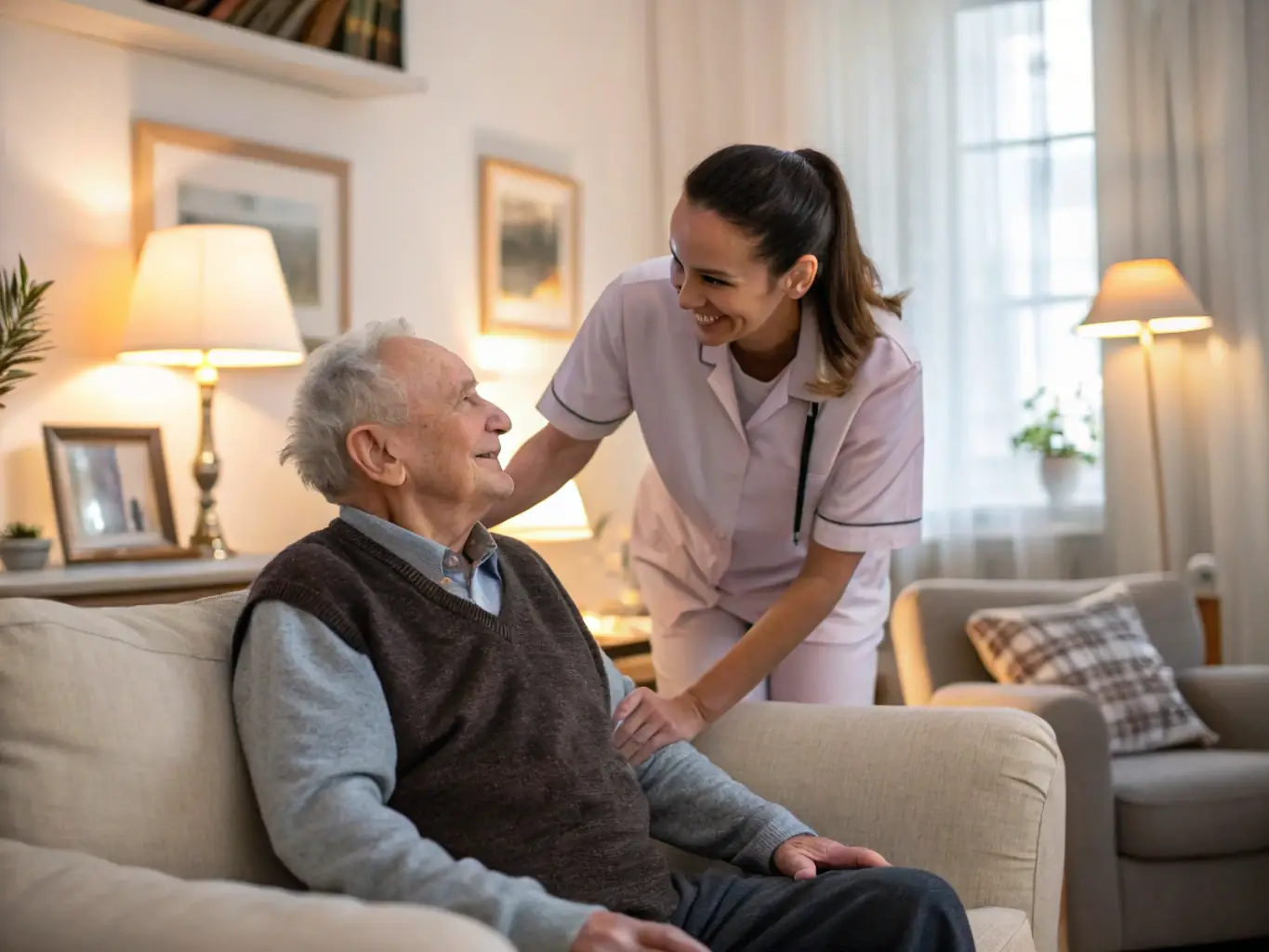 A caregiver assisting an elderly person with daily activities in a comfortable home setting, emphasizing the compassionate support provided by Sanad's senior care services.